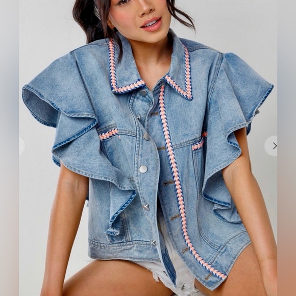 Boho Denim Vest Jacket with Ruffle Sleeves - Picture 6 of 7